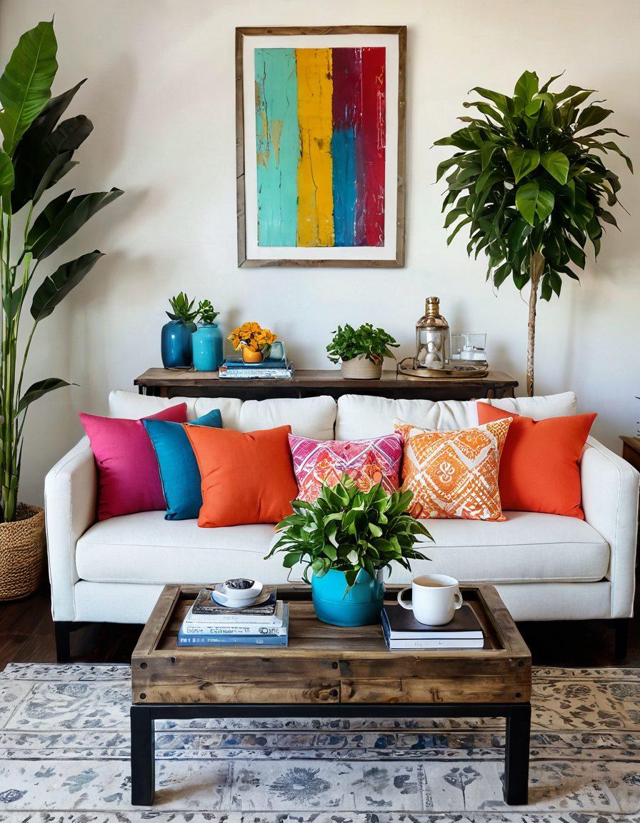 A cozy and stylish living room showcasing budget-friendly furnishings like a chic sofa, colorful cushions, and a reclaimed wood coffee table. Include a cheerful indoor plant and tasteful wall art to enhance the ambiance. The room is well-lit with natural light pouring in from a window, highlighting the vibrant decor. super-realistic. vibrant colors.