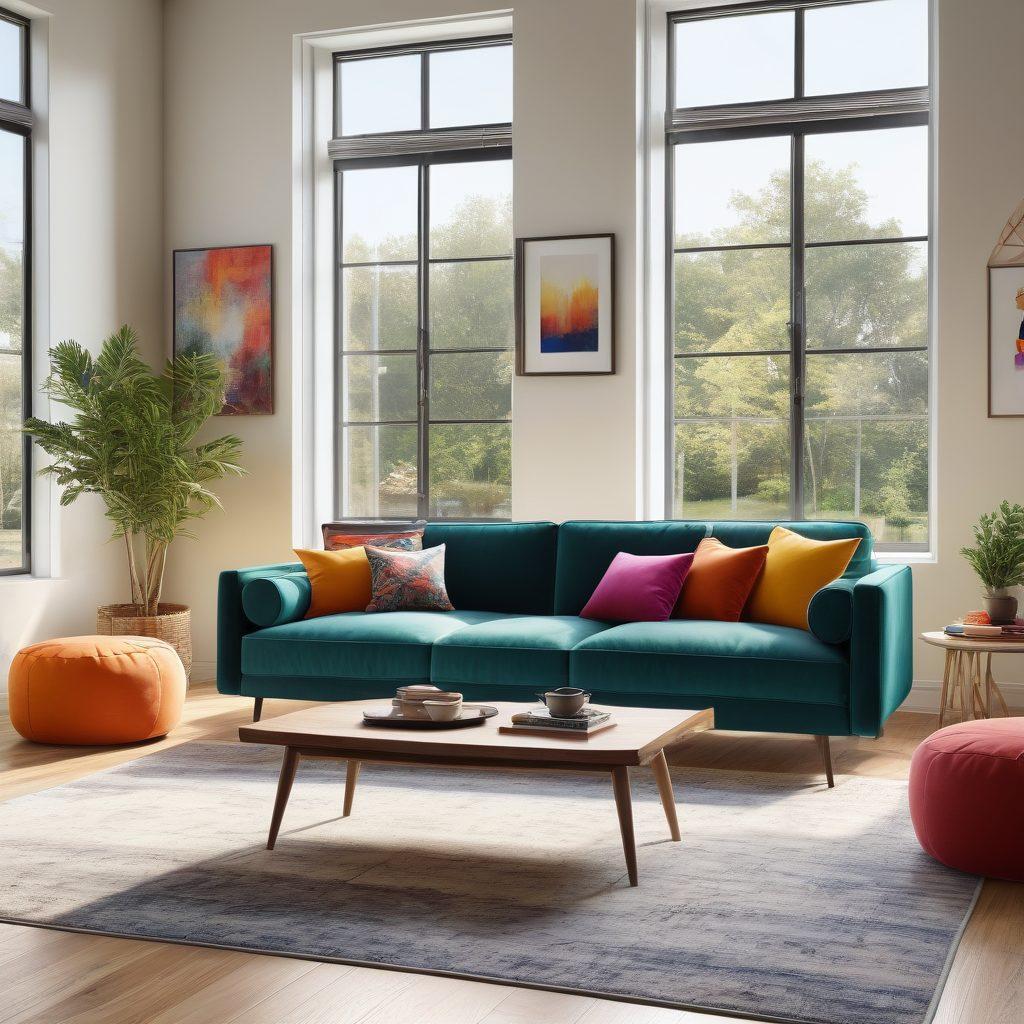 A cozy and modern living room featuring stylish and affordable furniture, with a blend of contemporary and minimalist design. Include a chic coffee table, plush sofa, and vibrant accent pieces like colorful cushions and trendy wall art. Natural light streaming through large windows, casting warm shadows, creating an inviting atmosphere. Super-realistic. Vibrant colors.