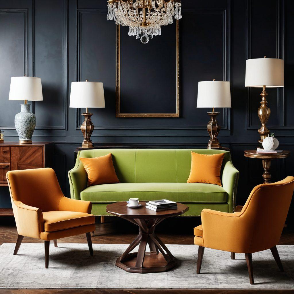 A dynamic collage showcasing a seamless transition from vintage to modern furniture styles. The left side features ornate, classic pieces like an antique wooden chair and a vintage coffee table, while the right side showcases sleek, contemporary designs like a minimalist sofa and a geometric lamp. The background should blend warm, nostalgic tones into cool, modern shades, symbolizing the evolution of style. Text overlays highlight key furniture styles in elegant fonts. vibrant colors. 3D. elegant and sophisticated.